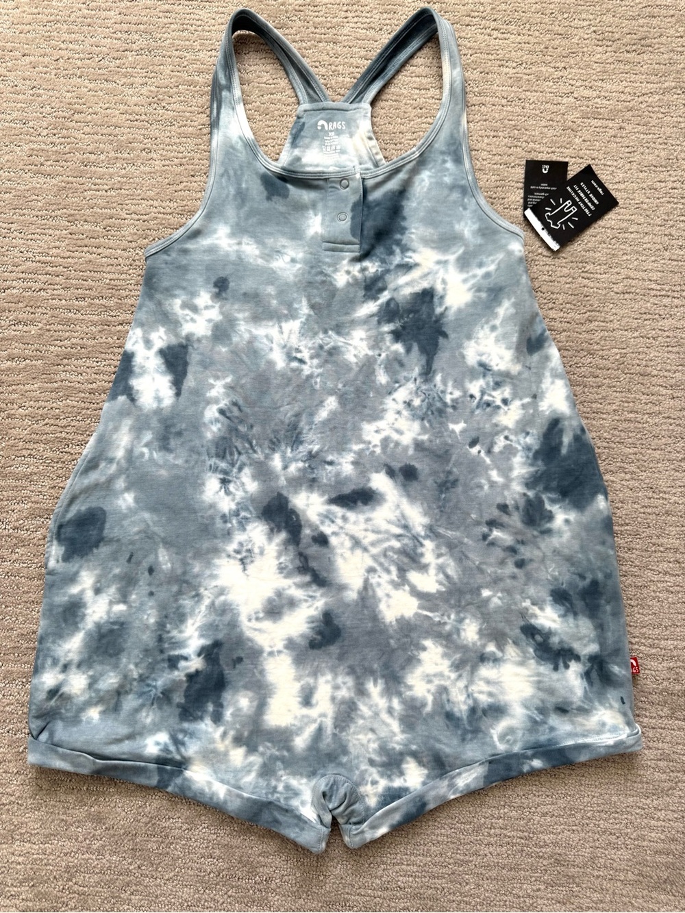 RAGS Adult Shorts Romper in Blue/White Tie Dye Snapless One Piece Women XS NWT - Picture 10 of 16